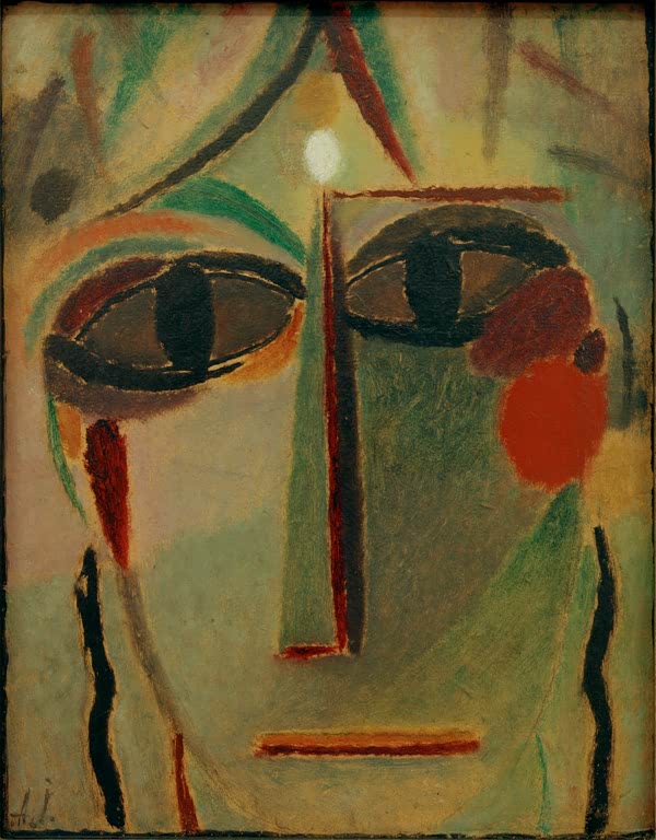 Grünliches Gesicht mit dunklen Augen und Stirnpunkt – Alexej von Jawlensky Heilandsgesicht: Weisheitszeichen Kunstkopie