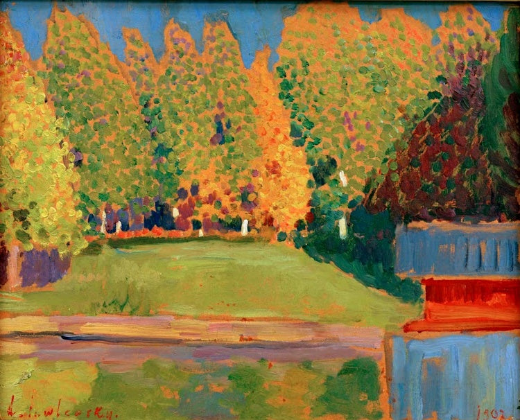 Alexej von Jawlensky Herbstlandschaft Kunstkopie, herbstlich orange-grüne Baumreihe vor blauem Himmel und grüner Wiese