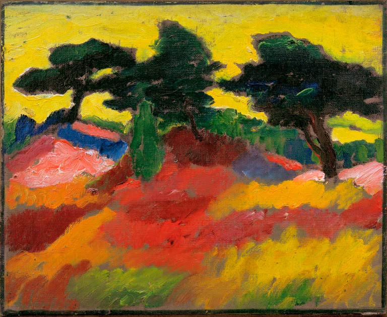 Alexej von Jawlensky Kiefern Kunstkopie, drei dunkle Kiefern vor leuchtend gelbem Himmel und rotorangem Hügel