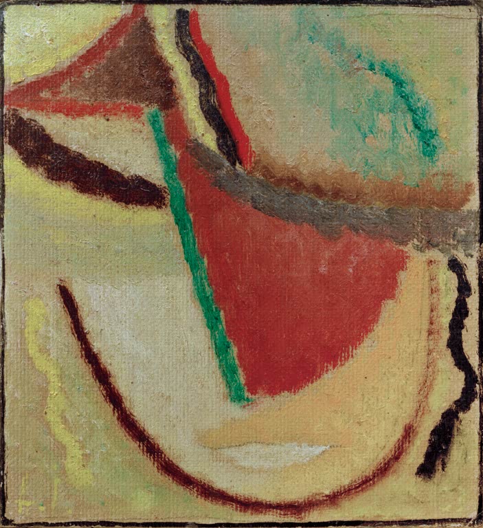 Lockerer abstrakter Kopf mit rotem Dreieck auf cremefarbenem Grund – Alexej von Jawlensky Kopf Kunstkopie