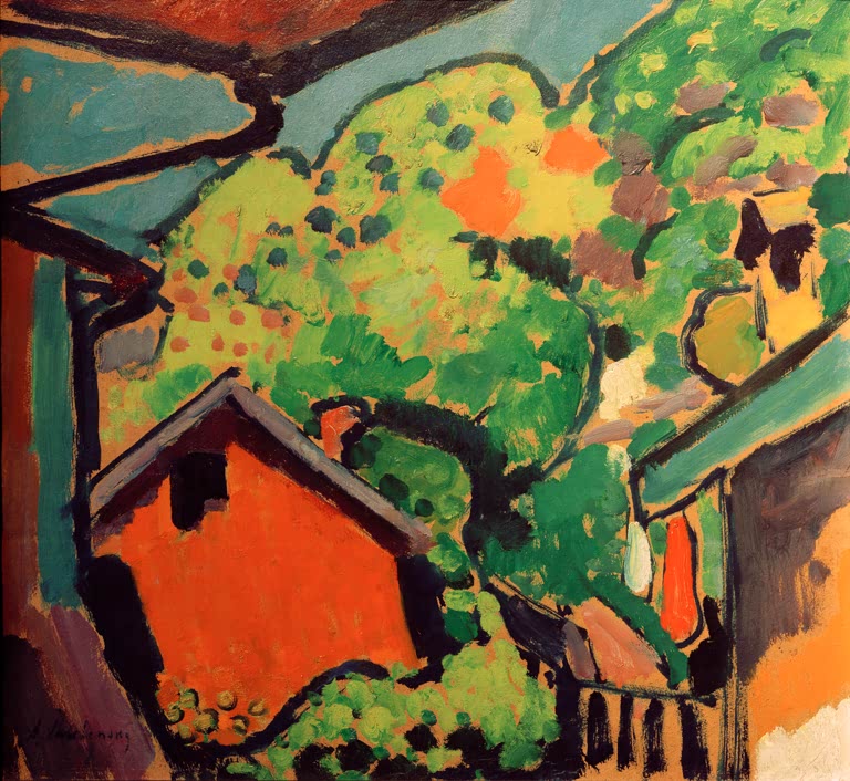 Rotes Haus und Obstbaum mit Blüten in bunter Landschaft – Alexej von Jawlensky Landschaft bei Murnau Kunstkopie