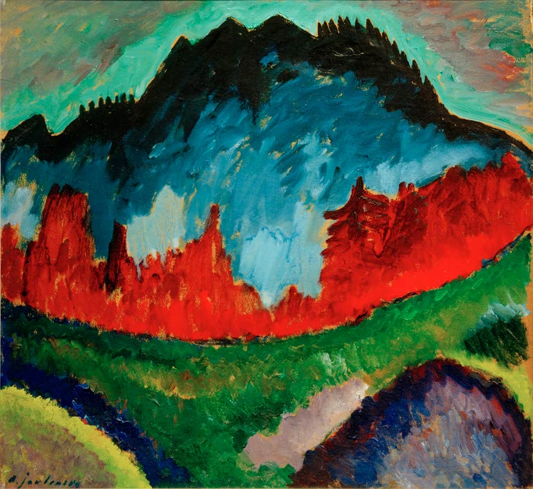 Blaugrüner Berg mit rotem Waldsaum über grüner Wiese – Alexej von Jawlensky Landschaft bei Oberstdorf Kunstkopie
