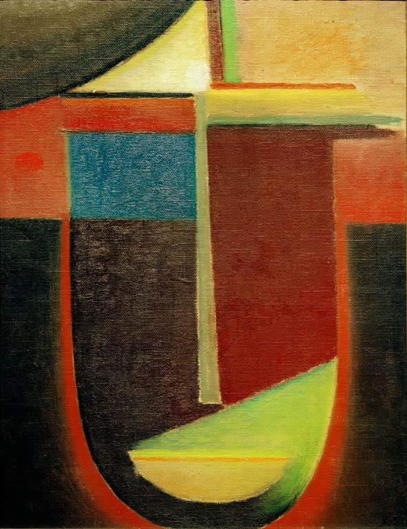 Alexej von Jawlensky Letztes Licht Kunstkopie: Abstrakter Kopf mit rotem U-Rahmen und gelbgrünem Kinn auf Dunkel