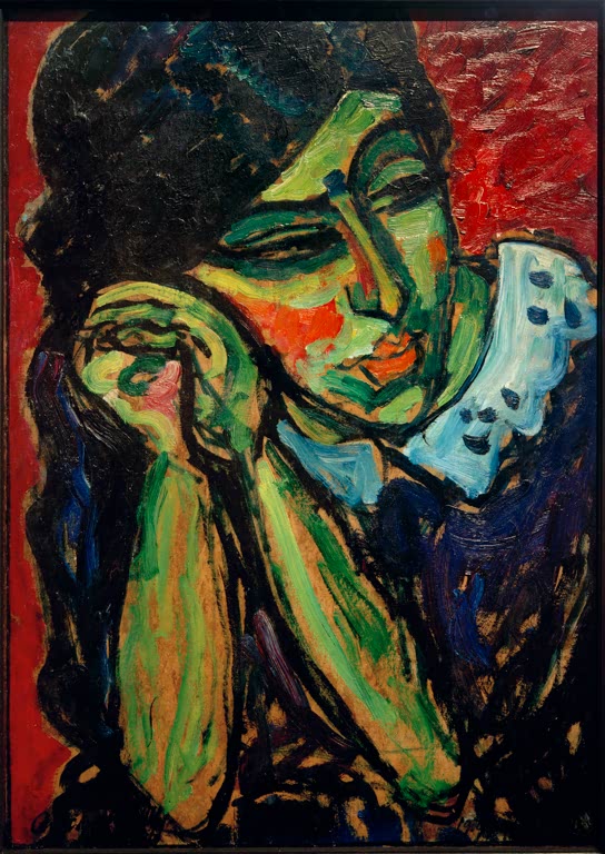 Alexej von Jawlensky Mädchen mit Zopf Kunstkopie, grünes Gesicht mit weißem Kragen vor leuchtend rotem Hintergrund
