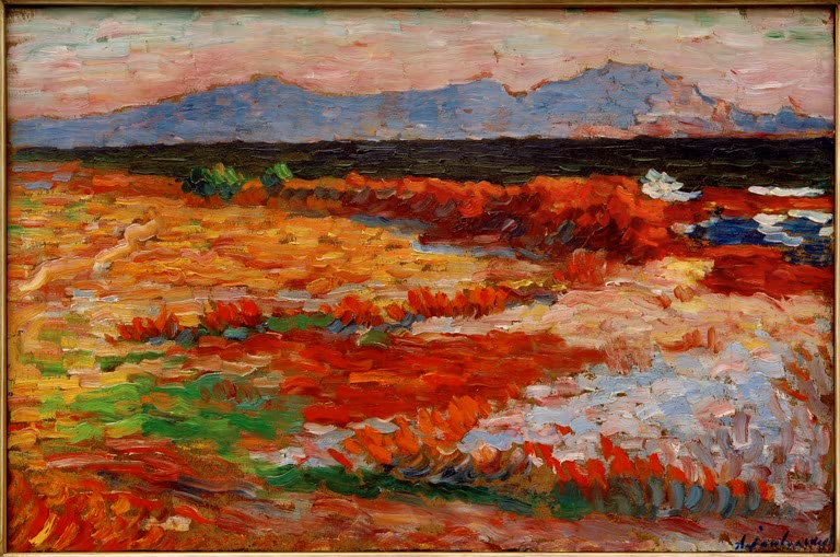 Orangerote Küstenlandschaft mit Meer und Bergen am Horizont – Alexej von Jawlensky Mittelmeer bei Marseille Kunstkopie