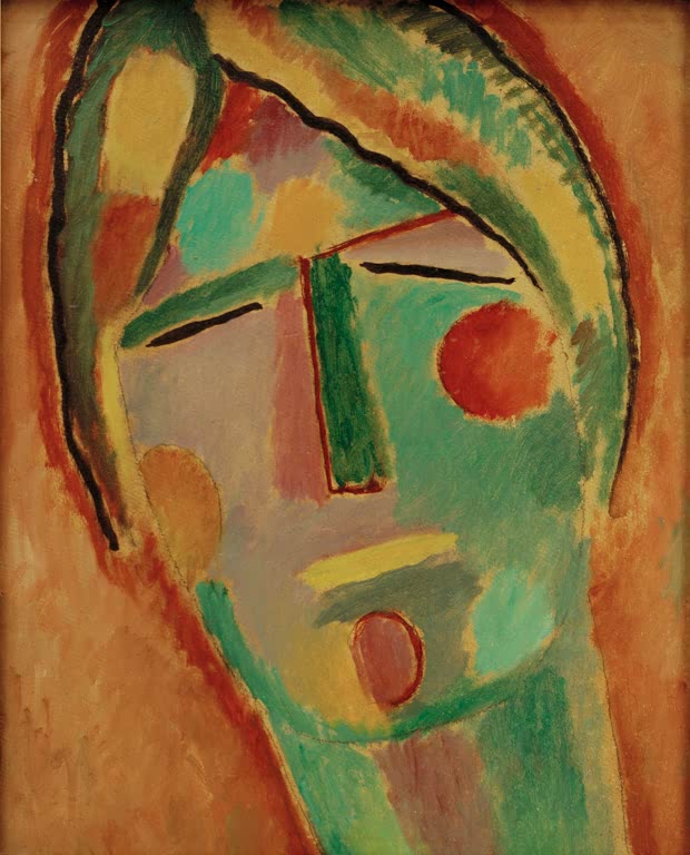 Frauenkopf mit langem Gesicht und rotem Wangenfleck – Alexej von Jawlensky Mystischer Kopf: Großer Frauenkopf Kunstkopie