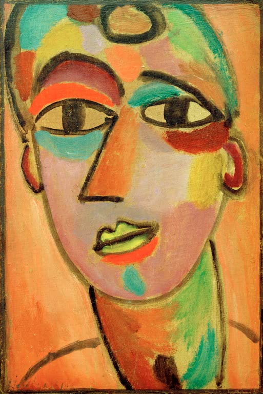 Alexej von Jawlensky Mystischer Kopf Jüngling II Kunstkopie, farbenfrohes Gesicht in Türkis, Rot und Ocker vor Orange