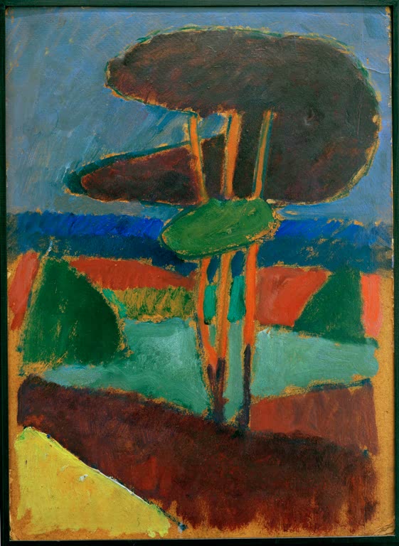 Alexej von Jawlensky Pinien Kunstkopie, stilisierter dunkelgrüner Pinienbaum vor blauem Himmel und rotbraunem Boden