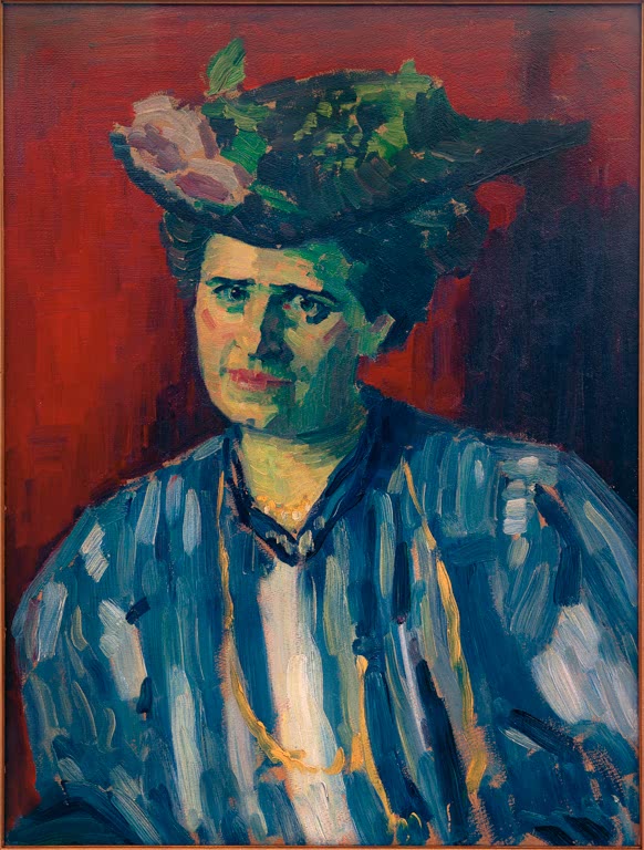 Alexej von Jawlensky Porträt Hedwig Kubin Kunstkopie – Frau mit Blumenhut und blau gestreifter Bluse vor rotem Hintergrund