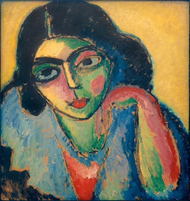 Frau mit schwarzem Haar stützt den Kopf auf den Arm – Alexej von Jawlensky Schwarze Haare in gelbem Hintergrund Kunstkopie
