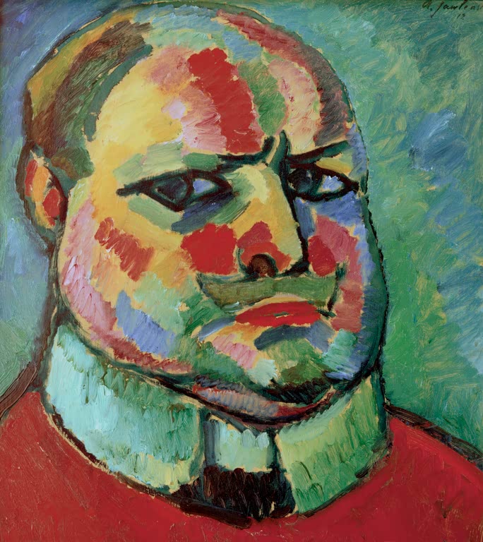 Alexej von Jawlensky Selbstbildnis Kunstkopie: Männerkopf mit bunten Gesichtsflächen und grünem Kragen vor Blaugrün