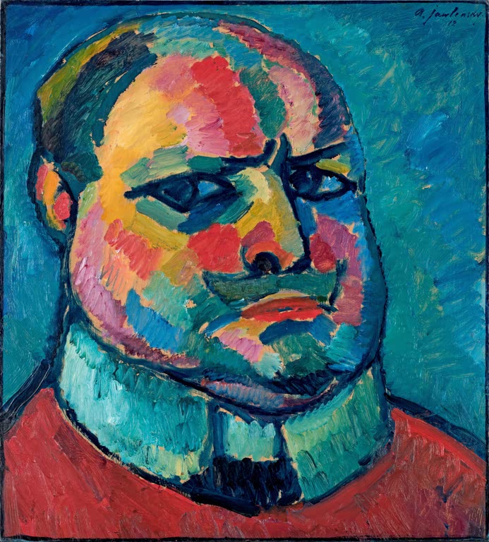 Mann mit Glatze, buntem Gesicht und blauem Kragen vor Türkis – Alexej von Jawlensky Selbstporträt Kunstkopie