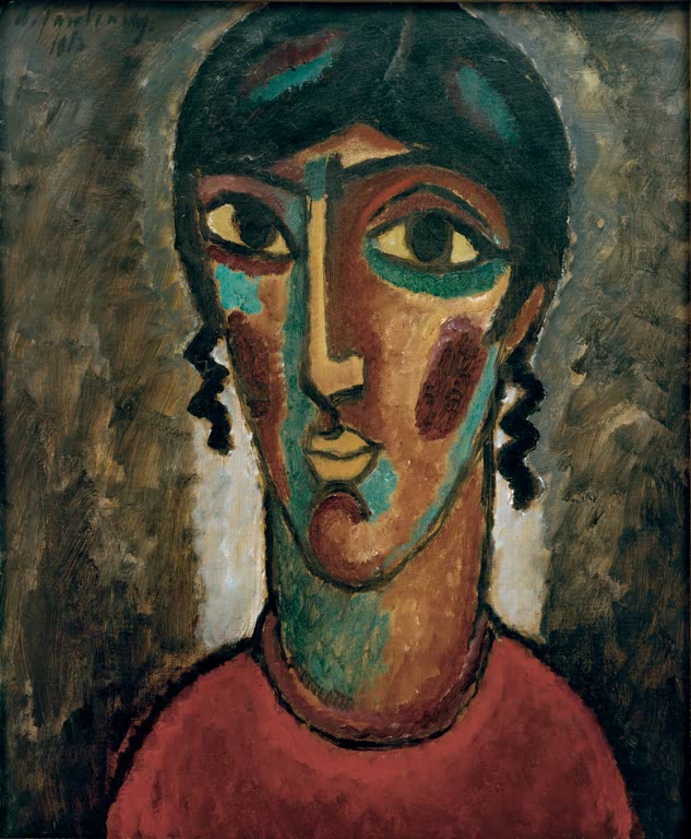 Frau mit schmalem Gesicht, großen Augen und Locken vor grauem Grund – Alexej von Jawlensky Spanierin Kunstkopie