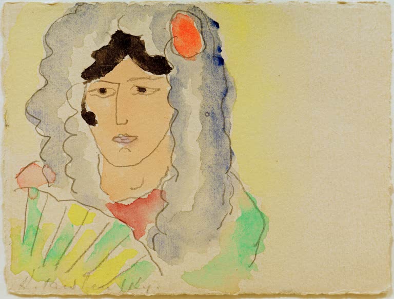 Aquarell: Frau mit grauer Mantilla, roter Blüte im Haar und Fächer – Alexej von Jawlensky Spanierin mit Fächer Kunstkopie