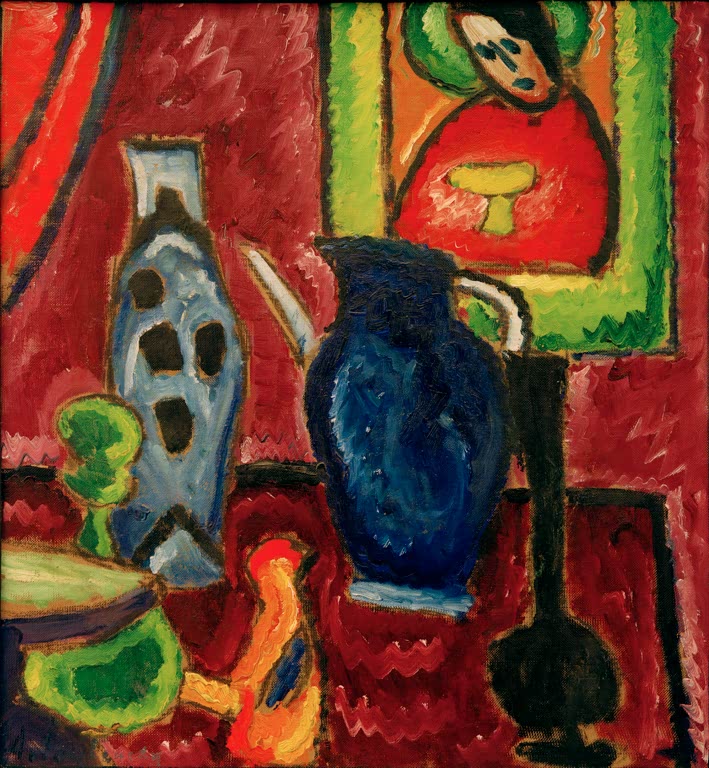 Stillleben mit blauer Vase, Krug und Heiligenbild vor roter Wand – Alexej von Jawlensky Stilleben mit Heiligenbild Kunstkopie