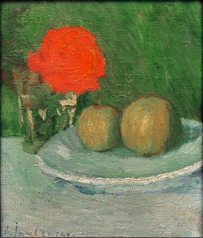 Alexej von Jawlensky Stillleben mit Äpfeln und Rose Kunstkopie: Zwei grüne Äpfel auf hellem Teller vor Glas mit roter Rose