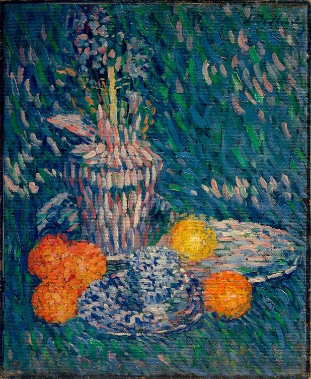 Alexej von Jawlensky Stillleben mit Hyazinthe und Orangen Kunstkopie, Vase mit Blumen und Orangen vor grünem Hintergrund