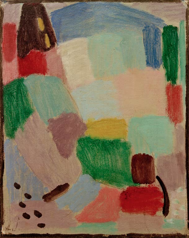 Pastellige Farbflächen in Rosa, Grün und Blau mit dunklem Turm – Alexej von Jawlensky Variation: Lichter Morgen Kunstkopie