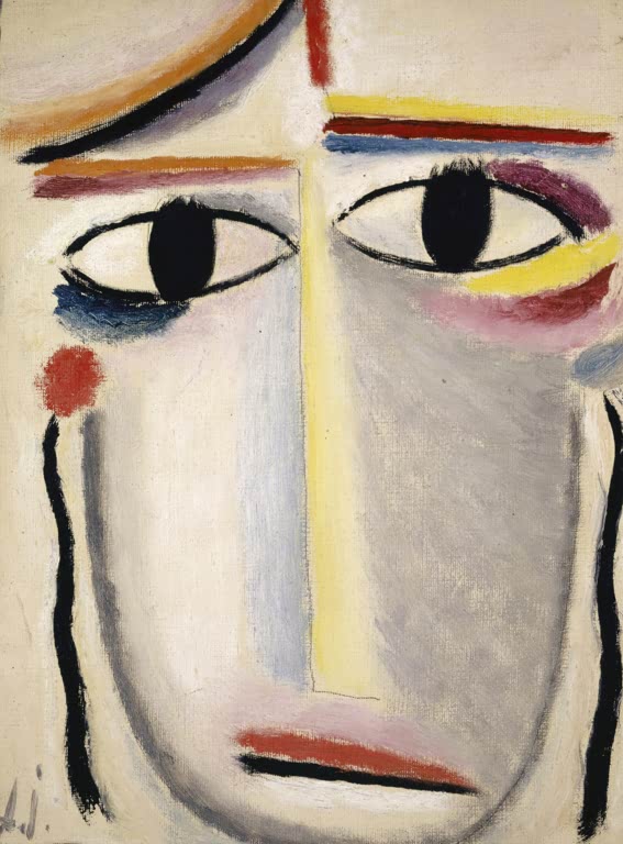 Alexej von Jawlensky Weiblicher Kopf Kunstkopie, grau-weißes Gesicht mit großen Augen und gelben Farbakzenten