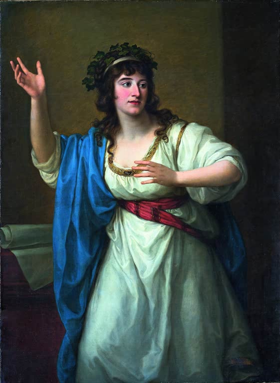 Frau mit Efeukranz und blauem Umhang hebt die Hand – Angelika Kauffmann Bildnis Teresa Bandettini-Landucci Kunstkopie