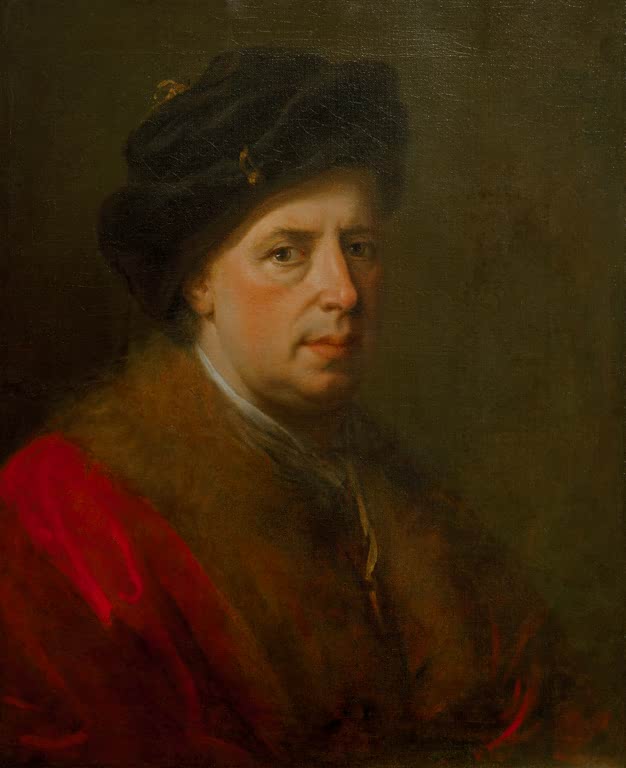 Mann mit Pelzmütze und rotem Mantel vor dunklem Grund – Angelika Kauffmann Bildnis Dr. Francesco Zucchi Kunstkopie