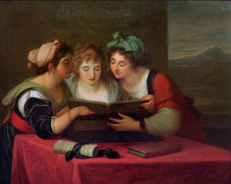 Drei junge Frauen beugen sich über ein Notenbuch am roten Tisch – Angelika Kauffmann Die drei Sängerinnen Kunstkopie