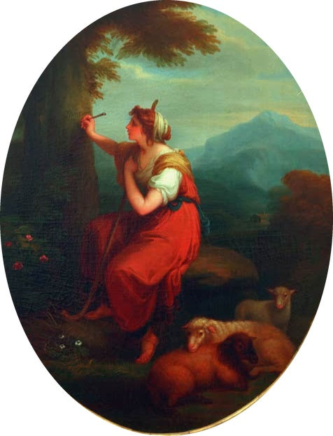 Junge Frau in Rot ritzt etwas in einen Baum, dabei zwei Schafe – Angelika Kauffmann Erminia Kunstkopie