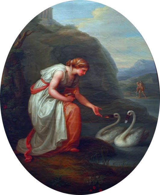 Frau in Weiß füttert zwei Schwäne am Wasser – Angelika Kauffmann Immortalia – Nymphe der Unsterblichkeit Kunstkopie