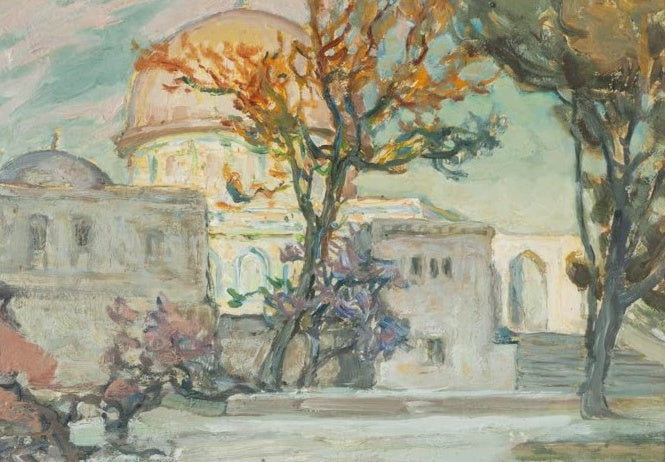 Goldene Kuppel hinter herbstlichen Bäumen und hellen Mauern – Anna Katarina Boberg Ansicht von Jerusalem Kunstkopie