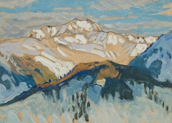 Sonnenbeschienene Berge mit Schneeflecken unter blauem Himmel – Anna Katarina Boberg Berge Kunstkopie
