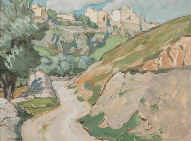 Heller Weg windet sich durch Olivenbäume und Hügel zu einer Stadt – Anna Katarina Boberg Der Weg nach Jerusalem Kunstkopie