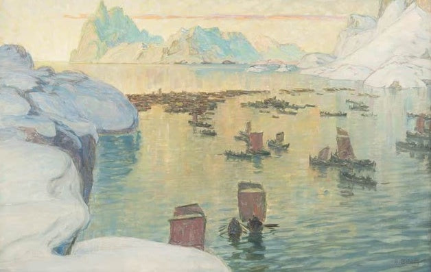 Fischerboote mit roten Segeln auf ruhigem Fjord – Anna Katarina Boberg Die auslaufende Fischereiflotte Kunstkopie