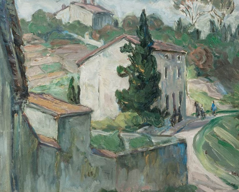 Helles Haus mit Zypresse an einer Straße zwischen grünen Hängen – Anna Katarina Boberg Die roten Dächer Kunstkopie