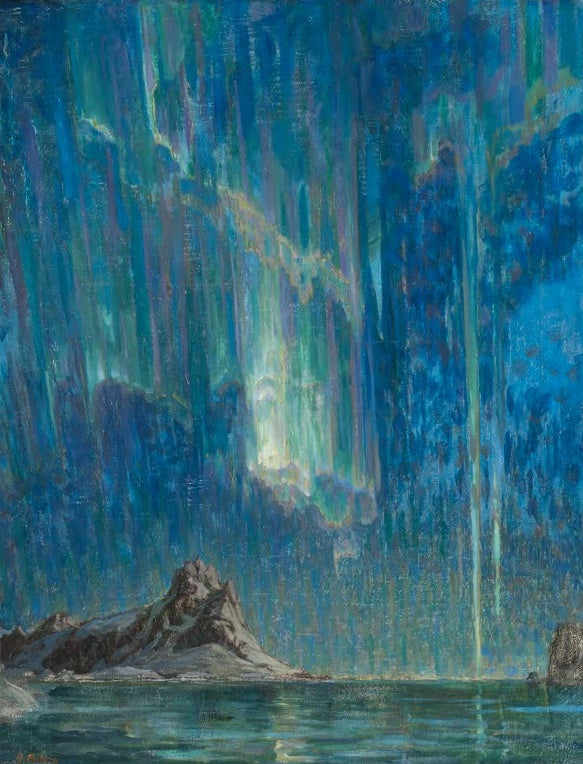 Grünblaue Polarlichter über einer felsigen Insel im ruhigen Meer – Anna Katarina Boberg Nordlicht Kunstkopie