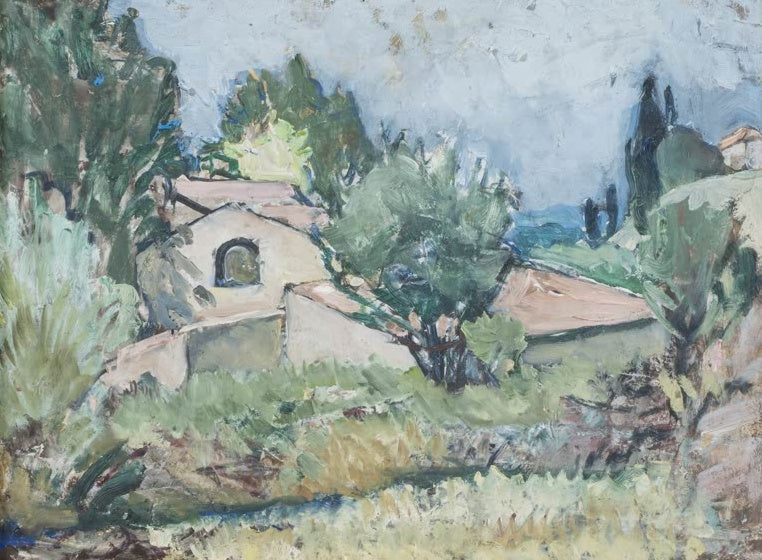 Helles Landhaus zwischen Bäumen und Wiese unter blauem Himmel – Anna Katarina Boberg Studie aus Südfrankreich Kunstkopie