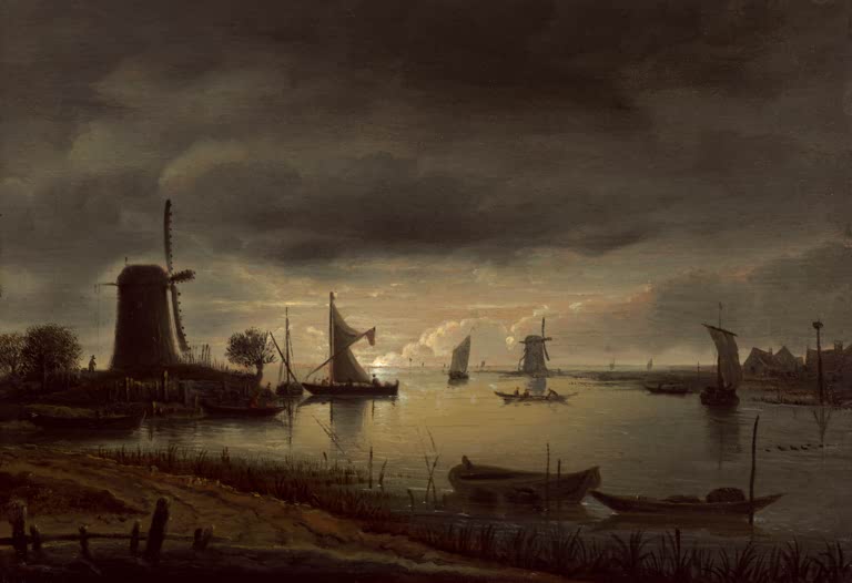 Flusslandschaft bei Abendlicht mit Windmühlen und Segelbooten – Anthonie van Borssom Flusslandschaft mit Windmühle Kunstkopie