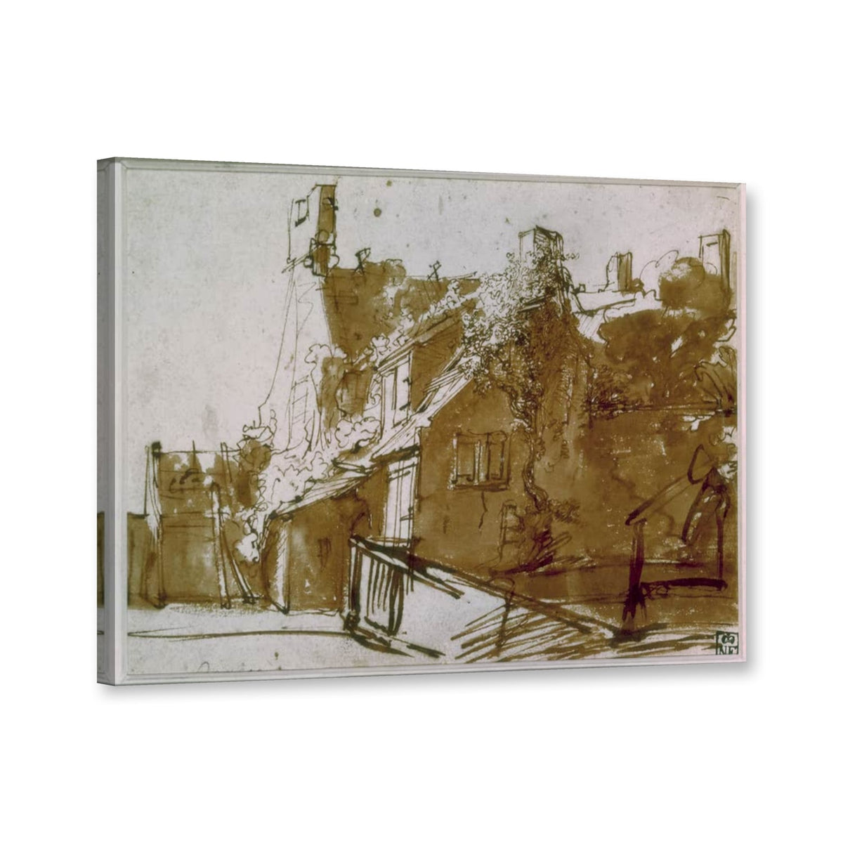 Bauernhaus im Sonnenlicht von Rembrandt van Rijn als Leinwand – Perspektivansicht