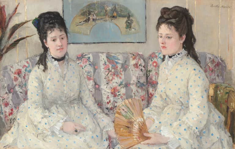 Zwei junge Frauen in weißen Kleidern auf einem geblümten Sofa – Berthe Morisot Die Schwestern Kunstkopie