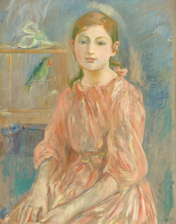 Mädchen in rosa Kleid neben grünem Sittich – Berthe Morisot Die Tochter des Künstlers mit einem Sittich Kunstkopie
