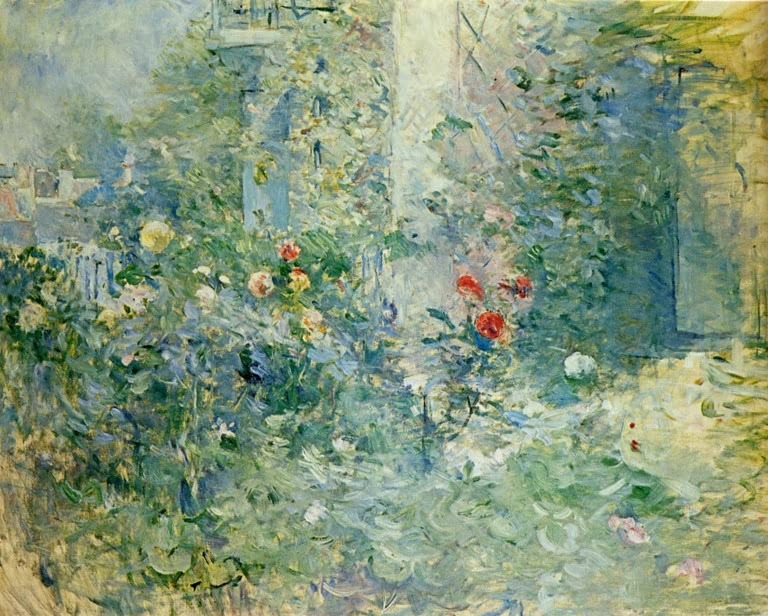 Blühender Garten mit Rosen und Büschen vor einem Haus – Berthe Morisot Garten in Bougival Kunstkopie