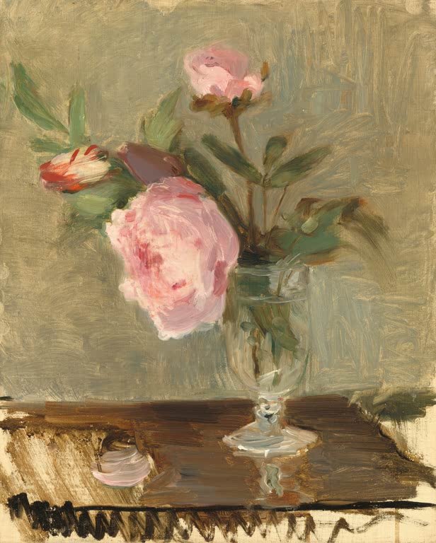 Rosa Pfingstrosen in schlankem Glas auf dunkler Tischplatte – Berthe Morisot Pfingstrosen Kunstkopie