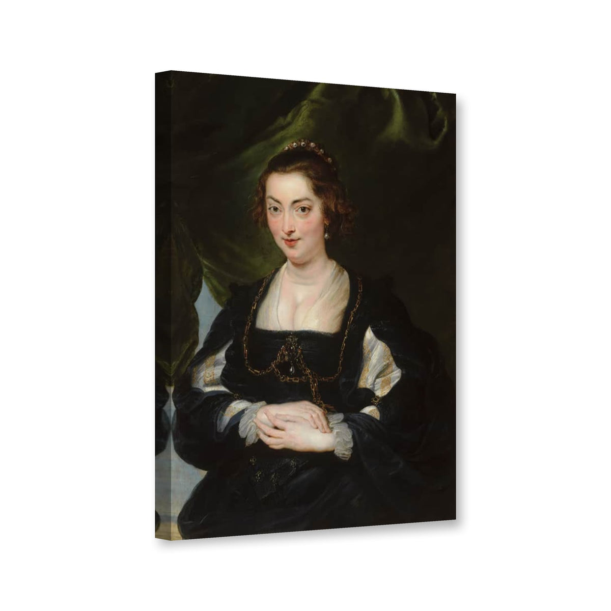 Bildnis einer jungen Frau mit gefalteten Händen von Peter Paul Rubens als Leinwand – Perspektivansicht