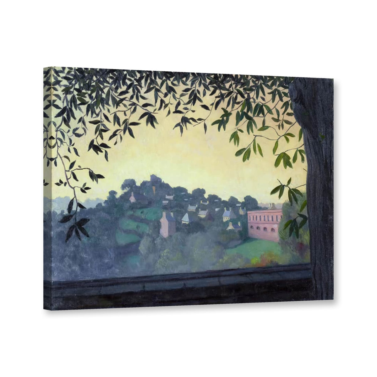 Blick auf Dinan durch Laubwerk im Morgennebel von Félix Vallotton als Leinwand – Perspektivansicht