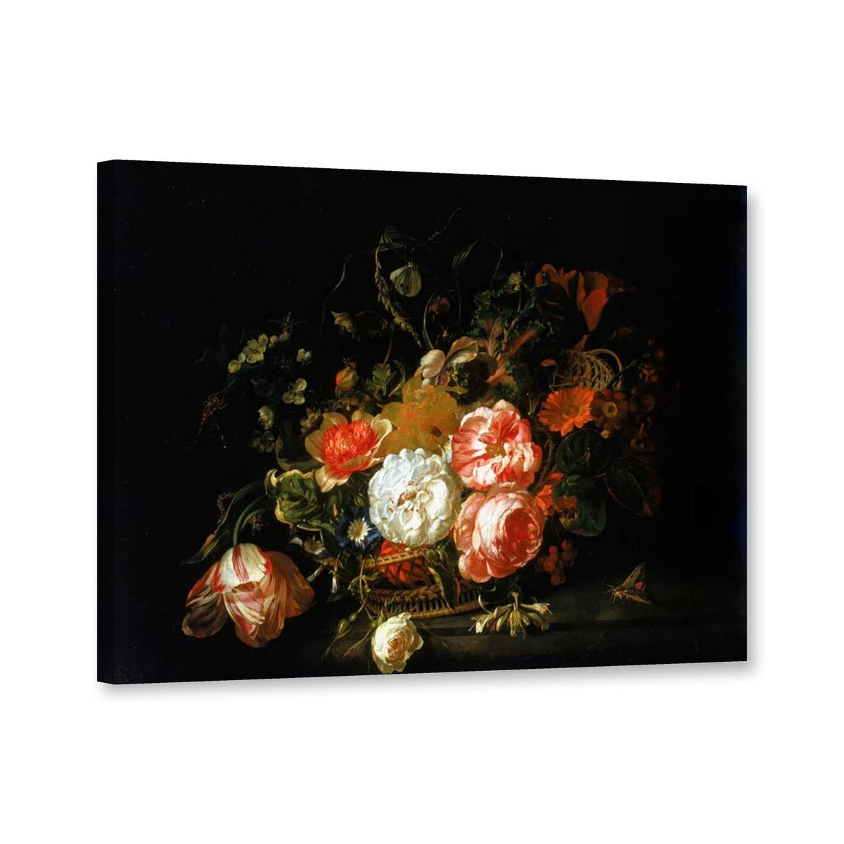 Blumenkorb mit Rosen und Tulpe von Rachel Ruysch als Leinwand – Perspektivansicht