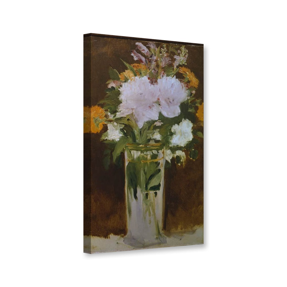 Blumenstrauß in Kristallvase von Édouard Manet als Leinwand – Perspektivansicht
