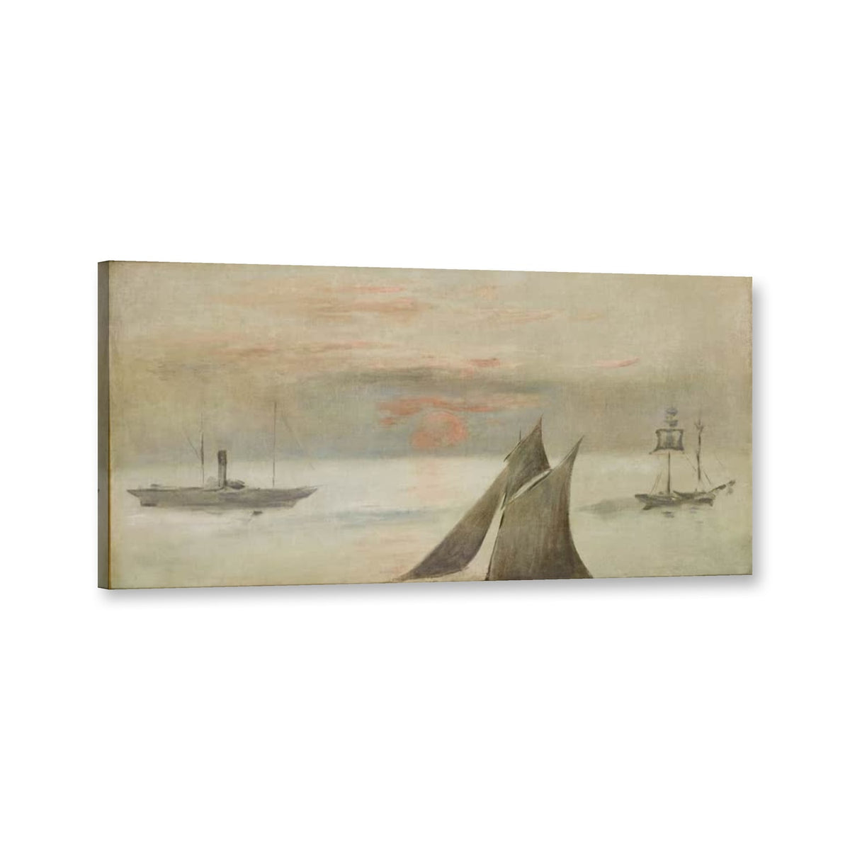 Boote auf See bei Sonnenuntergang von Édouard Manet als Leinwand – Perspektivansicht