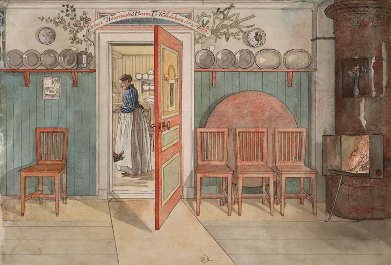 Offene Tür mit Frau in der Küche, Stühle und Kachelofen – Carl Larsson Alte Anna Kunstkopie