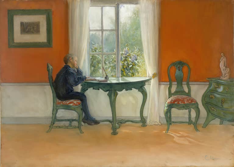 Junge liest an einem Tisch am Fenster in orangerotem Zimmer – Carl Larsson Das Gelübde lesen Kunstkopie