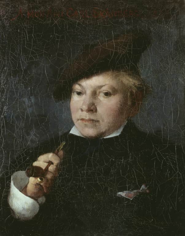 Porträt eines Mannes mit dunkler Mütze und Pfeife vor dunklem Grund – Carl Larsson Der Künstler Carl Skånberg Kunstkopie