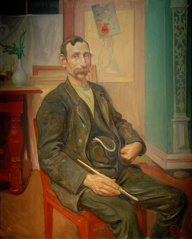 Sitzender Maler mit Schnurrbart und Pinsel vor grüner Wand – Carl Larsson Der Maler Carl Oscar Persson Kunstkopie